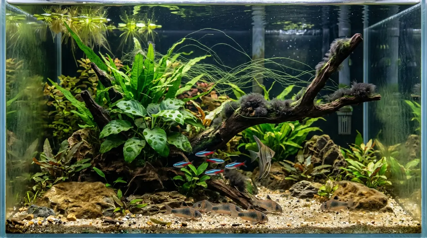 A realistic freshwater aquarium displaying green spot algae, hair algae, diatoms, and black beard algae on different surfaces.