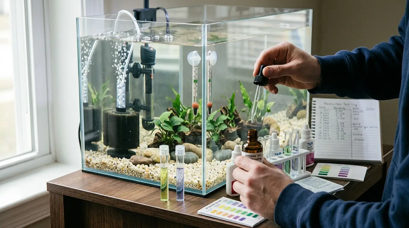 Aquarium hobbyist testing ammonia and nitrite during a fishless cycle
