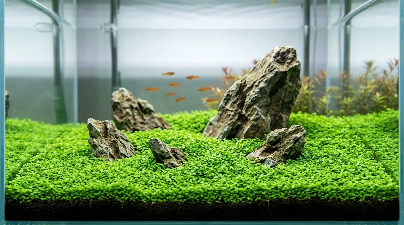 Dense dwarf baby tears carpet forming a bright green foreground around stones in a high-tech planted aquarium