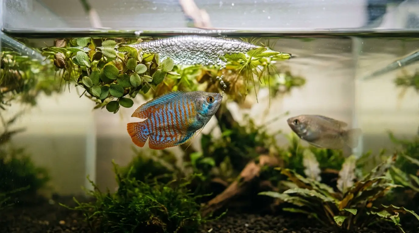 Male dwarf gourami building a bubble nest beneath floating plants in a shallow planted breeding aquarium.