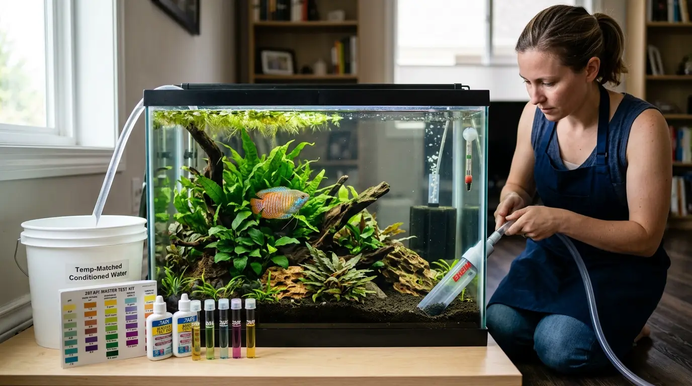 Aquarist maintaining a planted dwarf gourami aquarium while checking water parameters and performing a gentle water change.