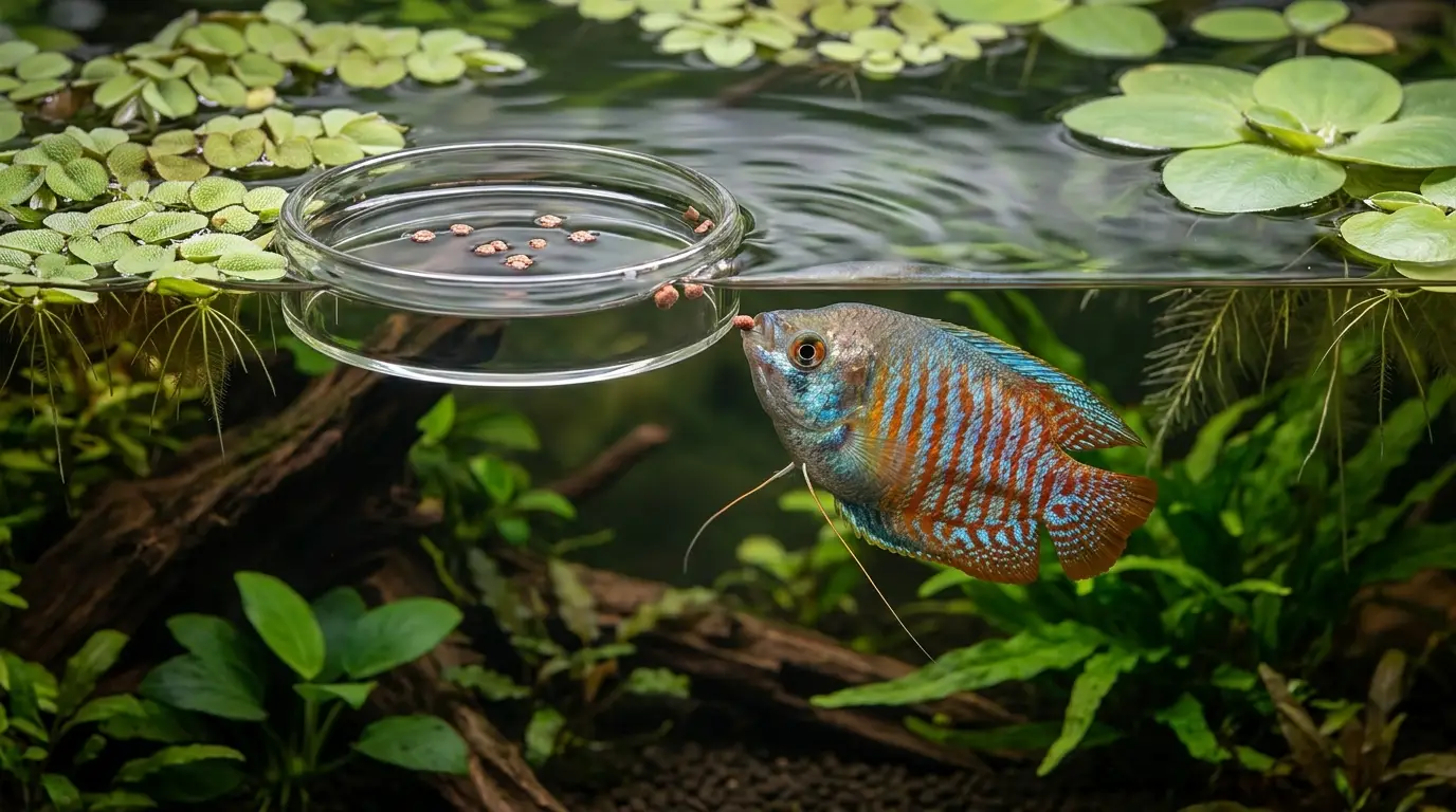 Dwarf gourami eating small high-quality pellets near the surface of a planted aquarium with floating plants.