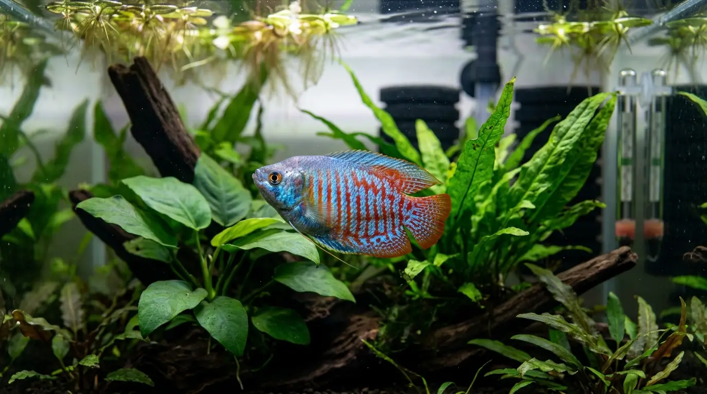 Healthy dwarf gourami displaying clear eyes, intact fins, vibrant coloration, and active behavior in clean aquarium water.