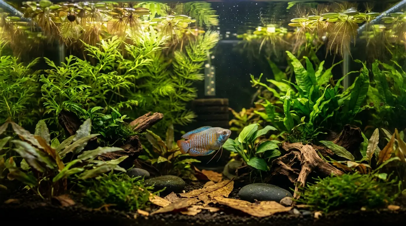 Dwarf gourami exploring a densely planted freshwater aquarium with floating plants, driftwood, and shaded areas.