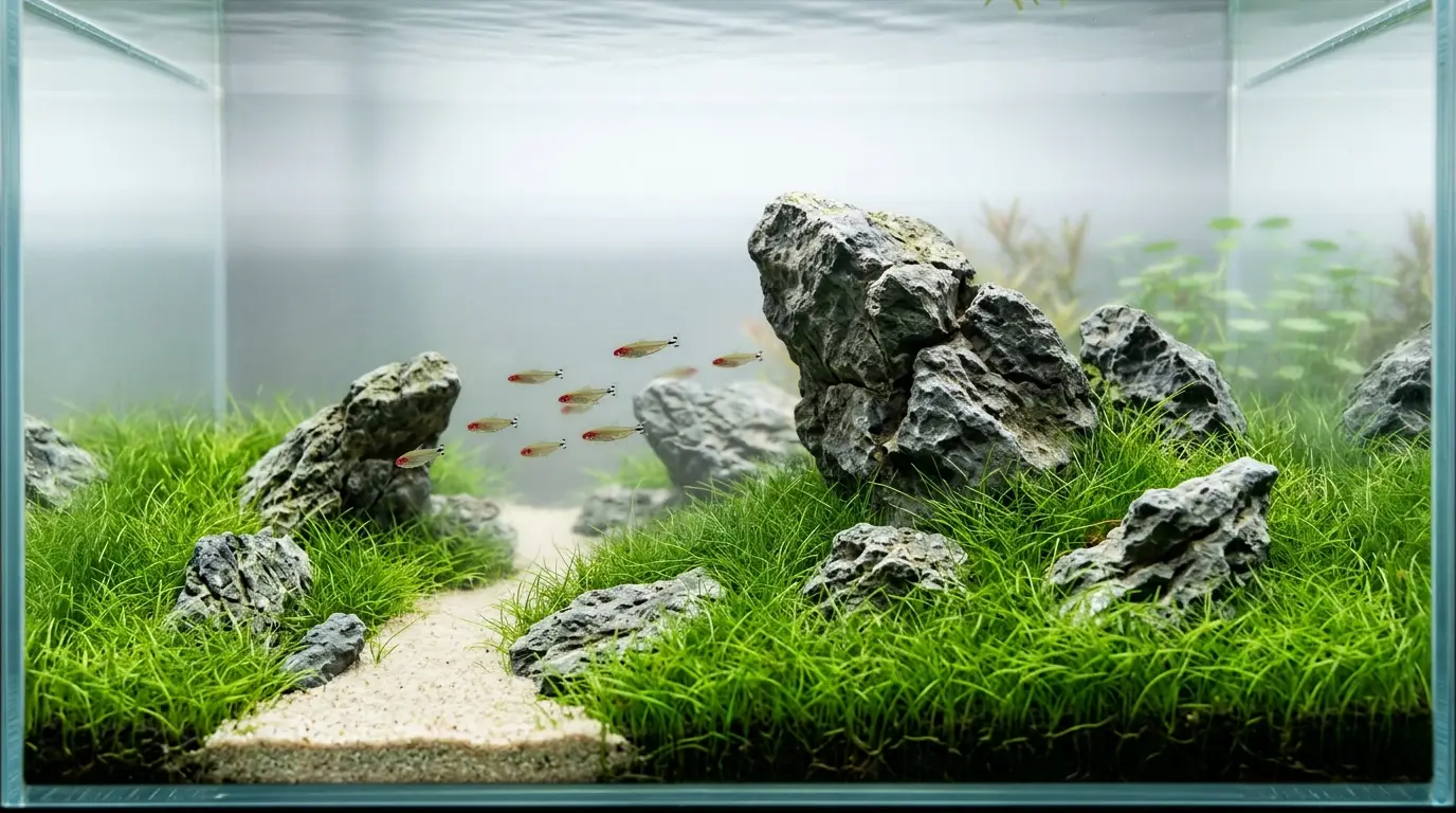 Dense dwarf hairgrass carpet surrounding natural stones in a minimalist Iwagumi-style freshwater aquarium