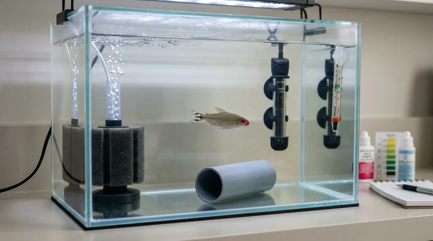 A realistic freshwater fish showing subtle signs of illness in a separate quarantine aquarium with a sponge filter, heater, thermometer, and hiding place.