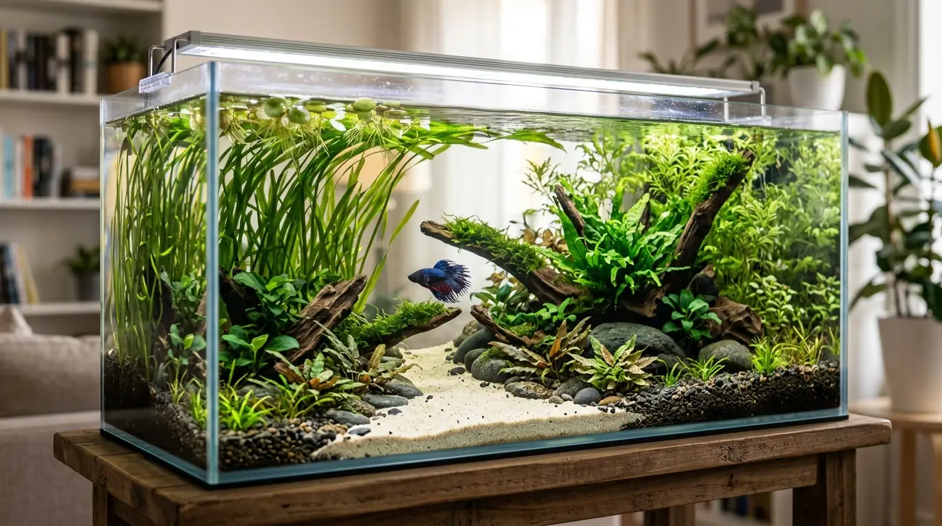 A natural freshwater aquascape demonstrating simple planting styles with Vallisneria, Cryptocoryne, Anubias, Java fern, moss, and floating plants.