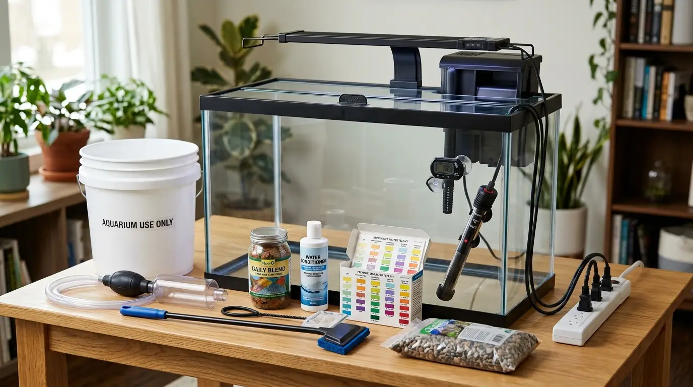 Beginner aquarium equipment arranged around a 20-gallon tank including filter, heater, thermometer, test kit, light, substrate, siphon, and water conditioner