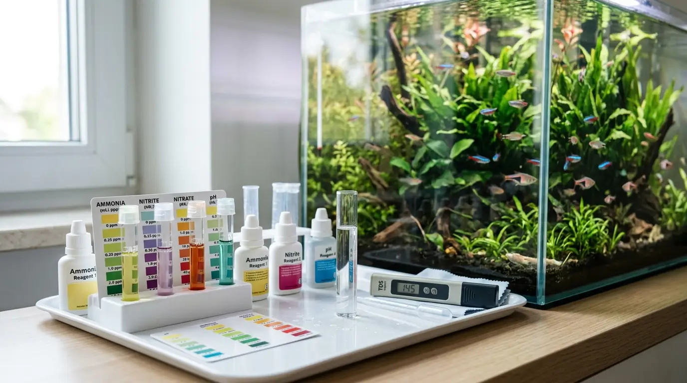Aquarium water testing equipment including ammonia, nitrite, nitrate, pH, KH, GH and TDS testing tools beside a freshwater aquarium