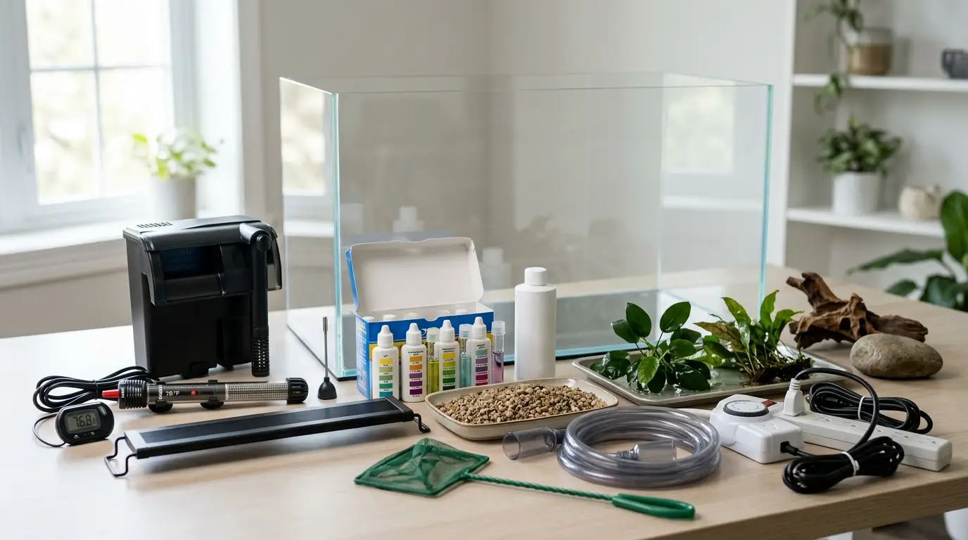 Essential freshwater aquarium equipment including filter, heater, thermometer, LED light, test kit, water conditioner, substrate, siphon, and net.