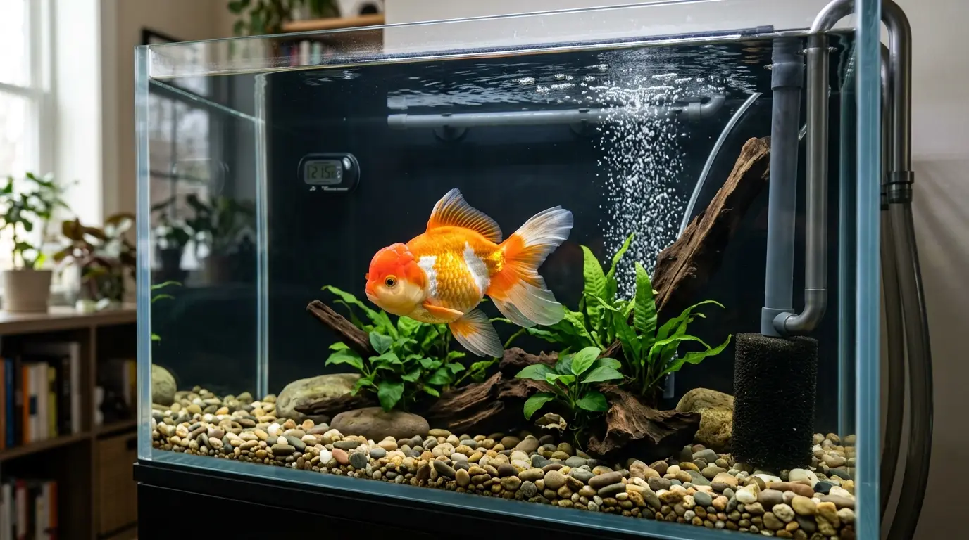 Goldfish aquarium showing a powerful filter, sponge pre-filter, air stone, thermometer, test kit, and safe rounded substrate