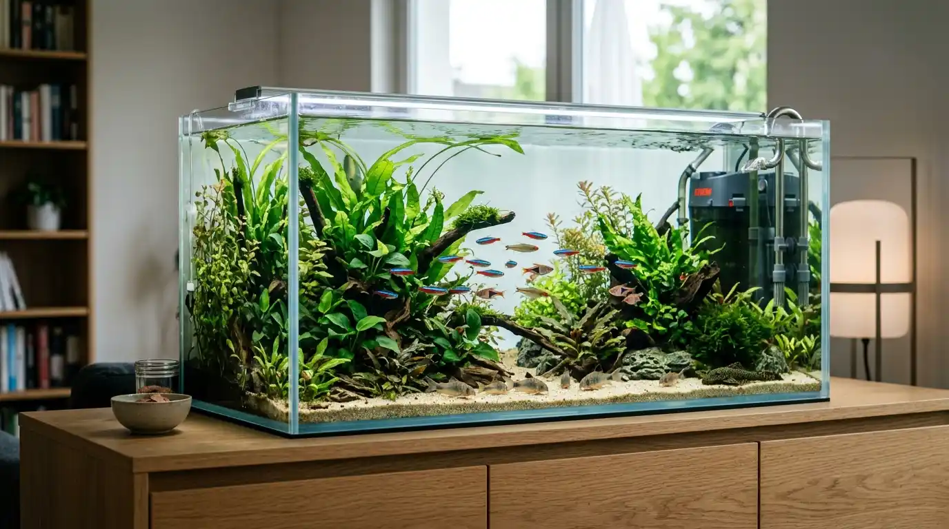 Freshwater aquarium showing how stocking, feeding, plants, tank size, filtration, and livestock affect maintenance needs.
