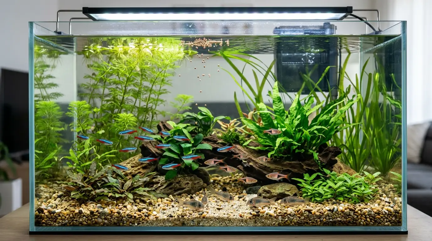 Realistic planted aquarium showing fish stocking, aquatic plants, filtration, and feeding factors that influence water change frequency