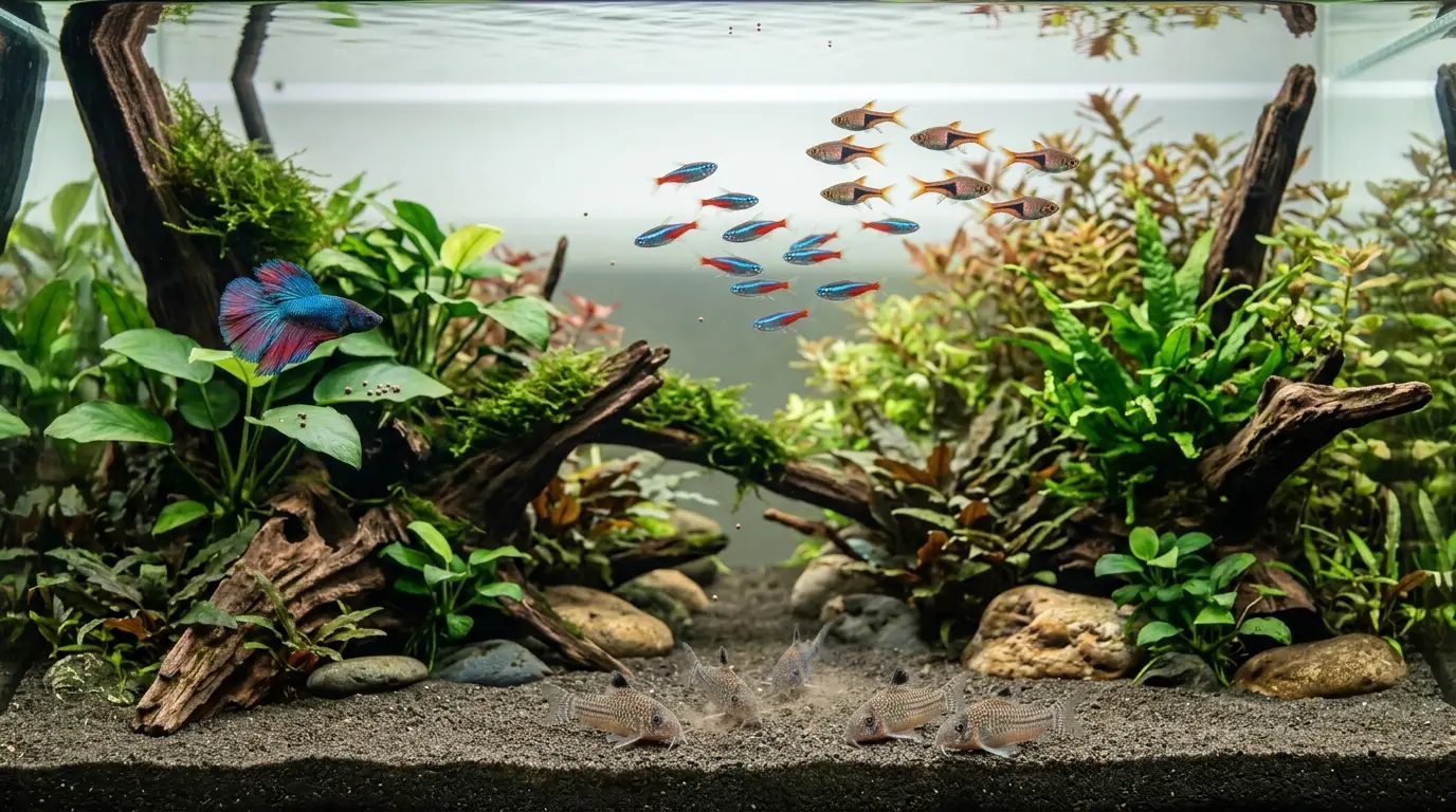 Different freshwater aquarium fish feeding according to species and mouth size in a planted community tank