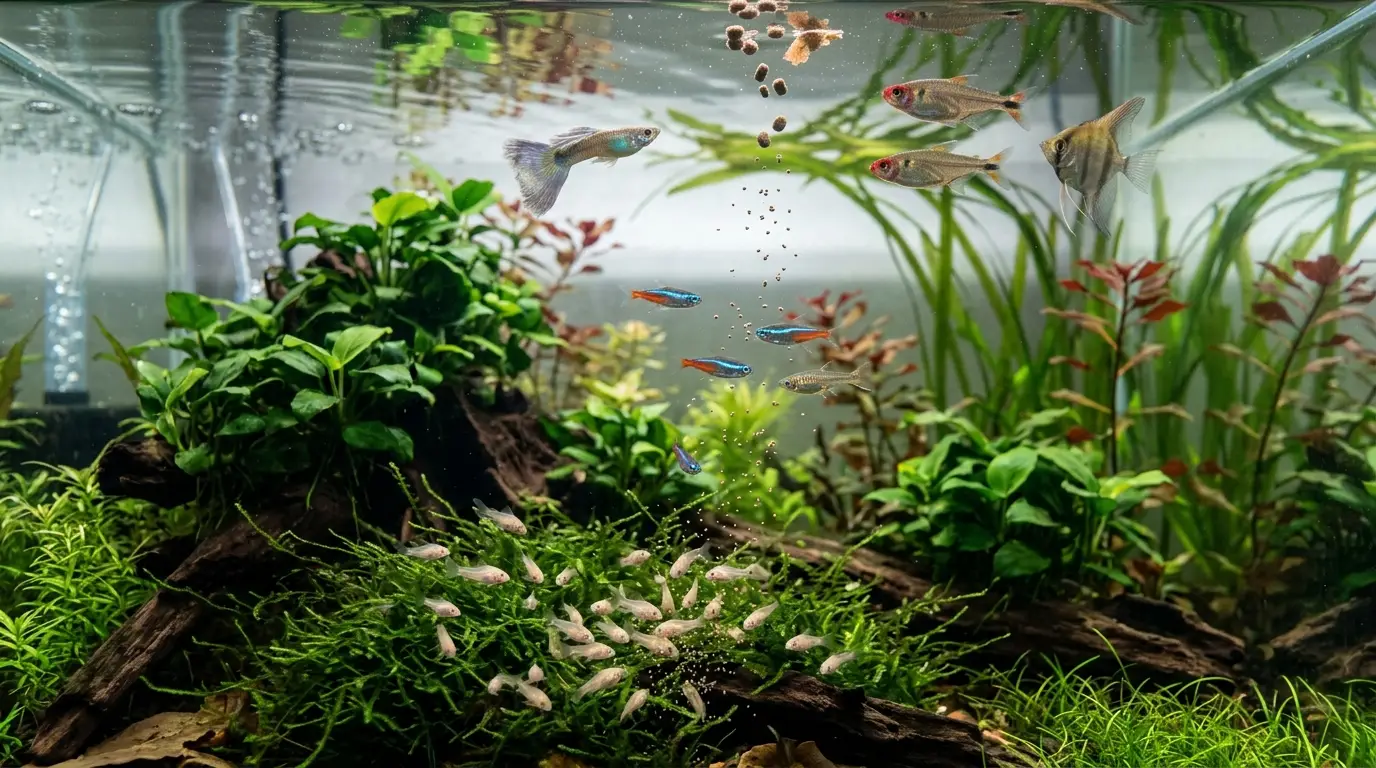 A realistic aquarium scene illustrating different feeding needs of fry, juvenile, adult, and older aquarium fish.