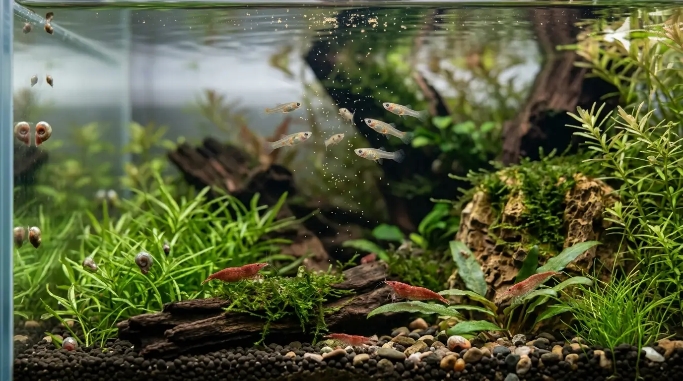 Aquarium fry receiving tiny food particles while adult fish and shrimp feed naturally in a planted tank