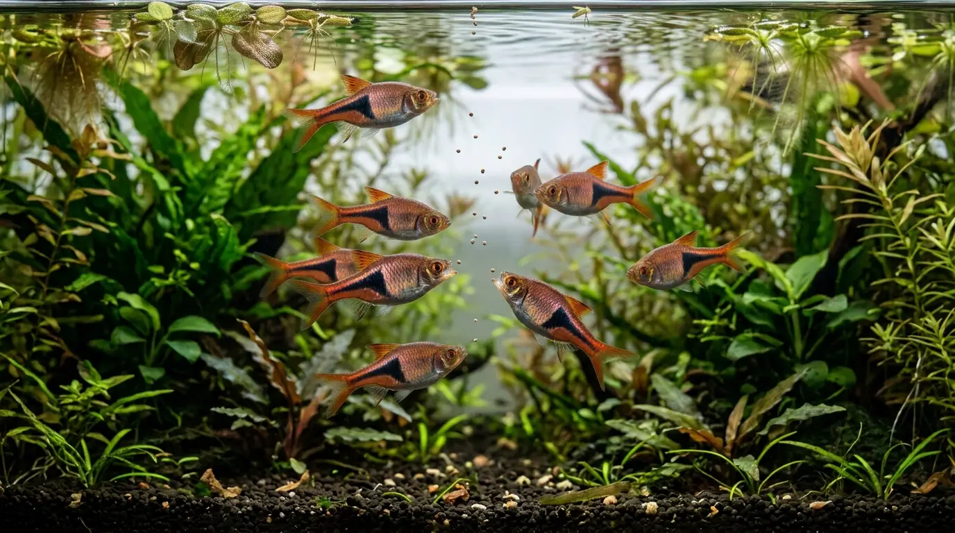 Harlequin rasboras feeding on tiny micro pellets in a planted aquarium