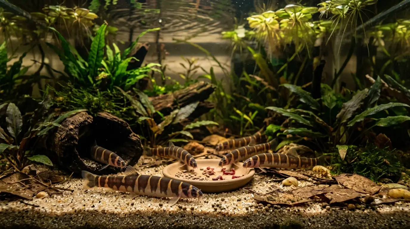 Kuhli loaches eating sinking foods from a feeding dish among plants and sand during evening aquarium lighting.