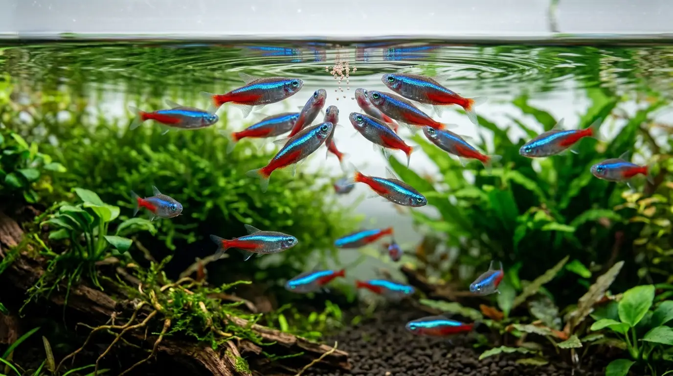 A school of neon tetras feeding on tiny micro pellets in a planted aquarium with clean water and natural aquatic plants.