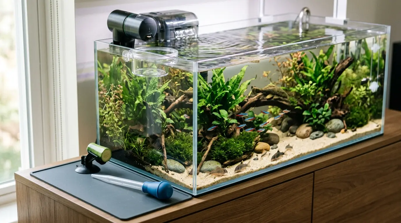 Aquarium feeding tools including an automatic feeder, feeding ring, veggie clip, and pipette used around a planted fish tank.