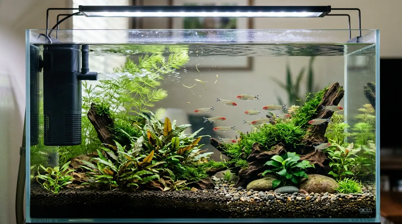 Freshwater aquarium showing effective water circulation around plants, rocks, and filtration equipment