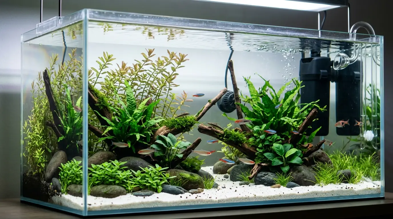 A planted freshwater aquarium with strong but gentle circulation from a properly positioned filter, healthy plants, and clean substrate.