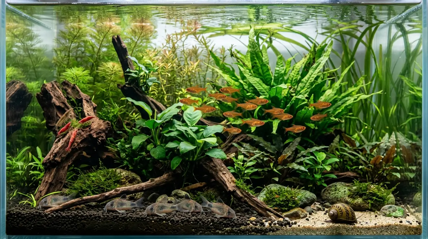 Peaceful community fish, shrimp, and snails living among healthy live aquarium plants