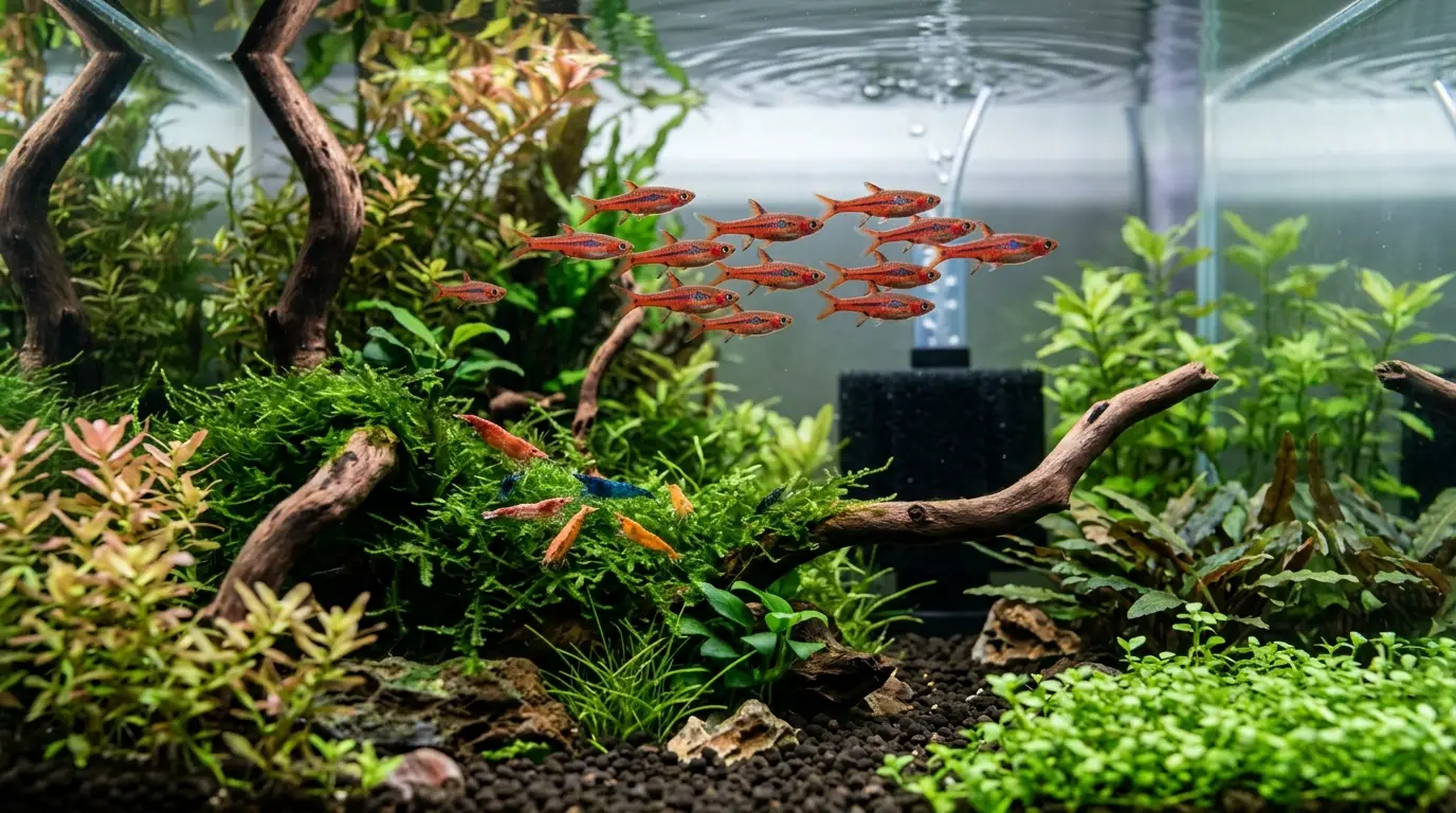 Peaceful nano fish using planted areas and natural cover to establish comfortable territories in a 10-gallon aquarium.