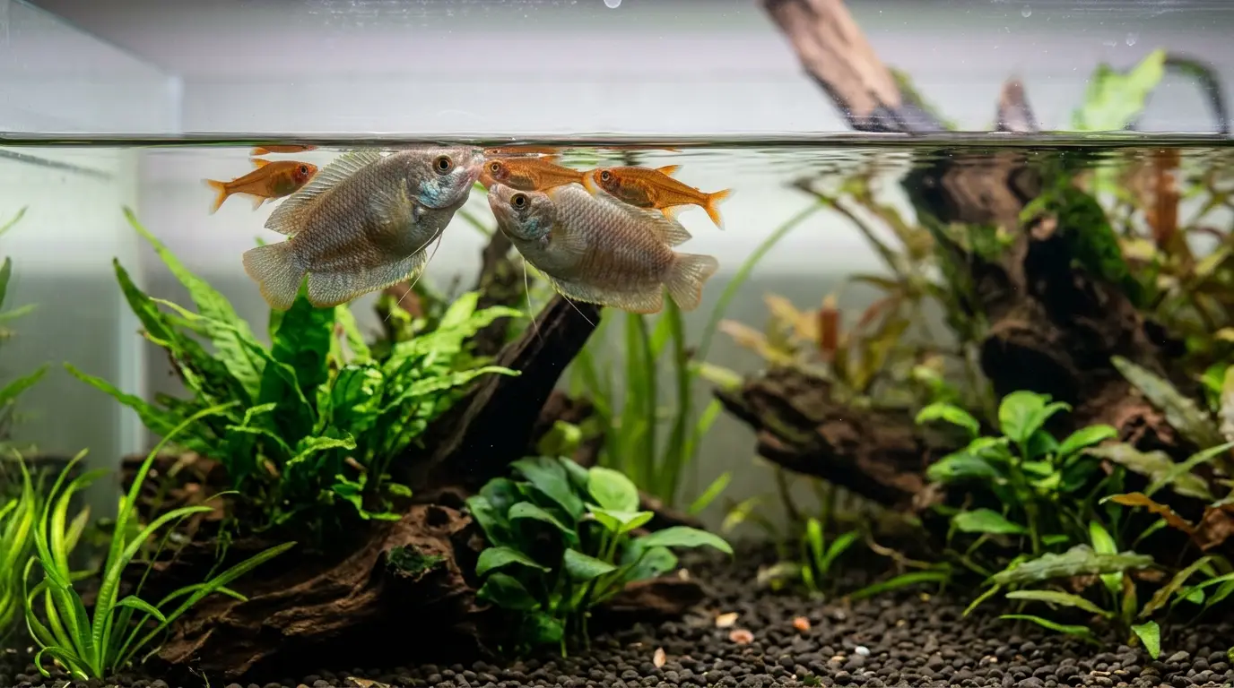 Aquarium fish gasping near the water surface while strong surface movement increases oxygen exchange