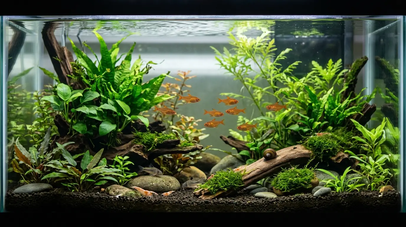 A healthy planted community aquarium containing peaceful nano fish, shrimp, and a nerite snail among dense aquatic plants.