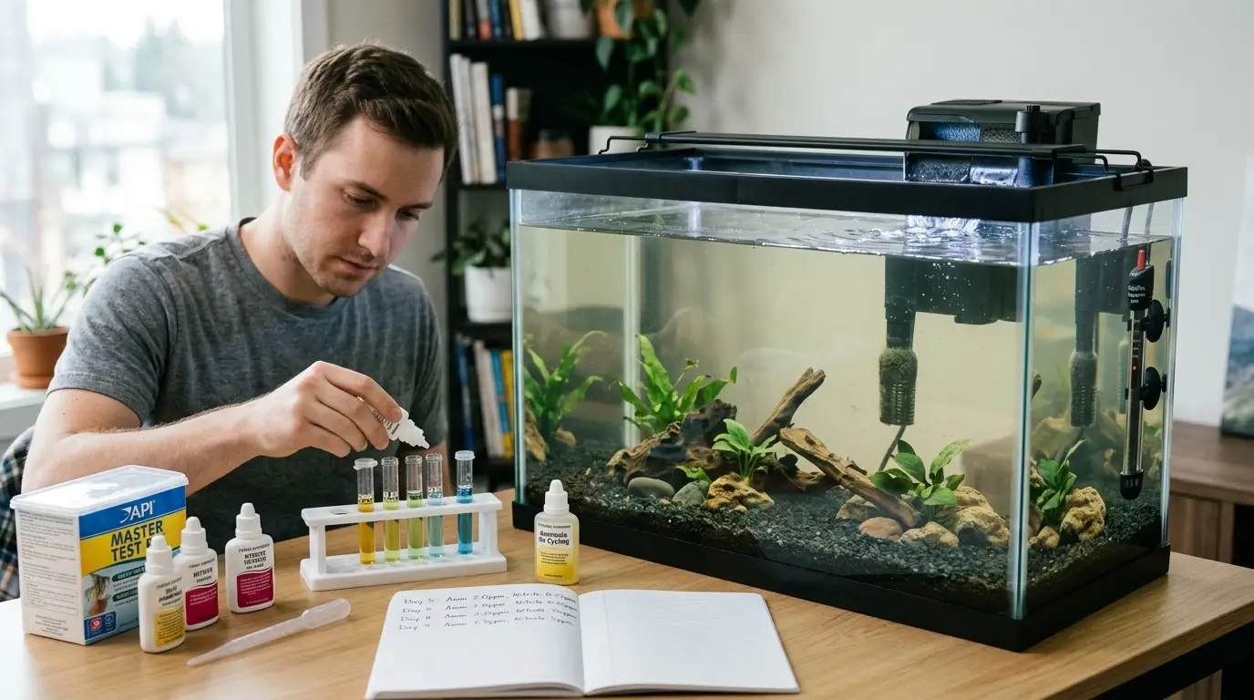 Beginner freshwater aquarium being prepared for a fishless nitrogen cycle with filter, heater, test kit and ammonia source