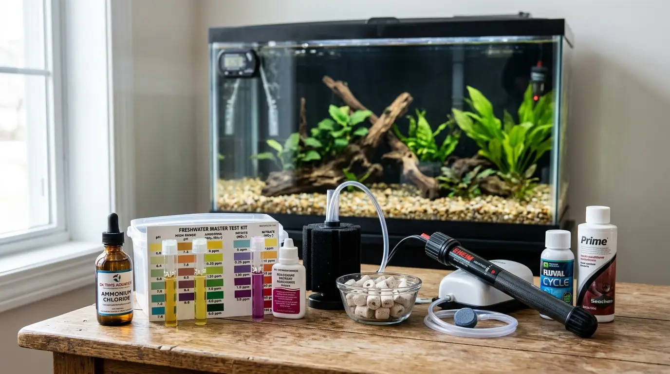 Aquarium cycling equipment including ammonia, liquid test kit, biological filter media, heater, thermometer, and air pump