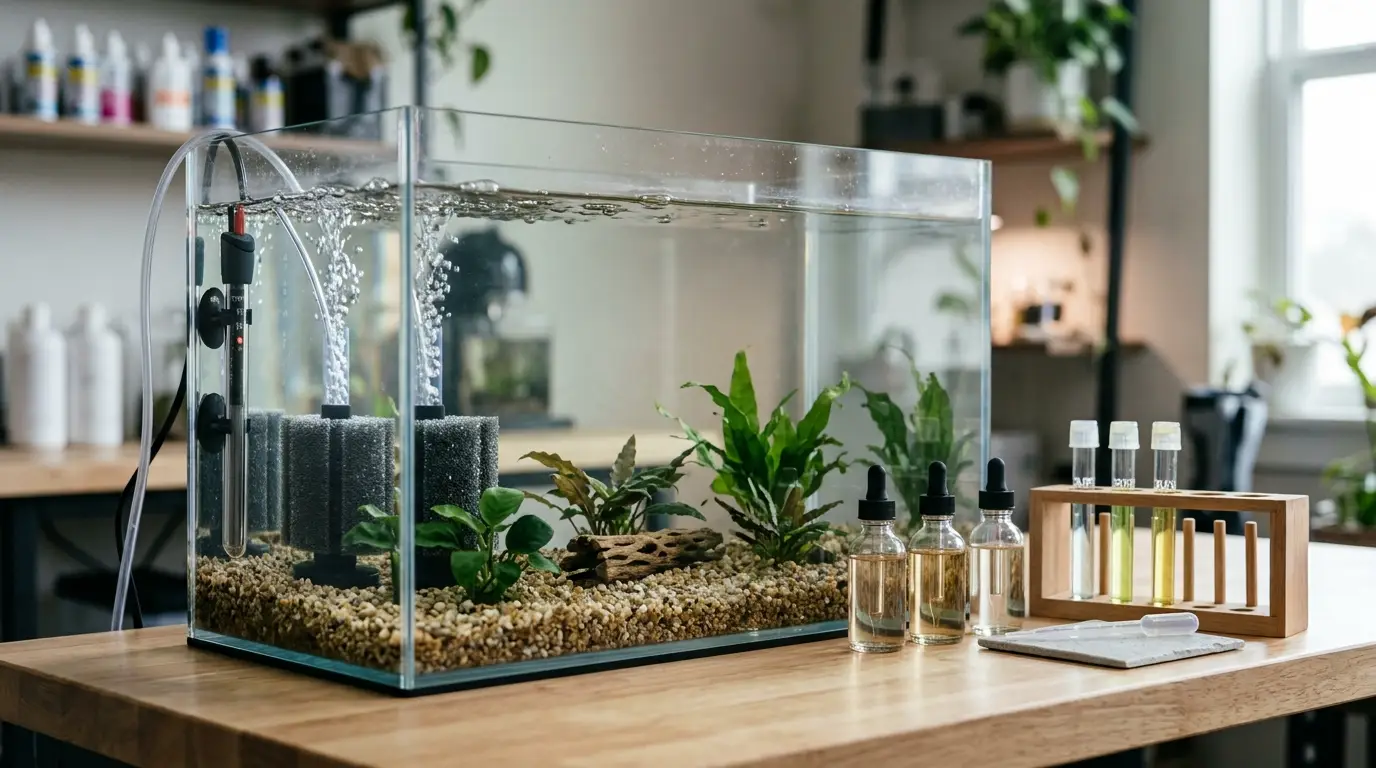 A new freshwater aquarium being fishlessly cycled with an ammonia source, biological filter, heater, and water testing equipment.