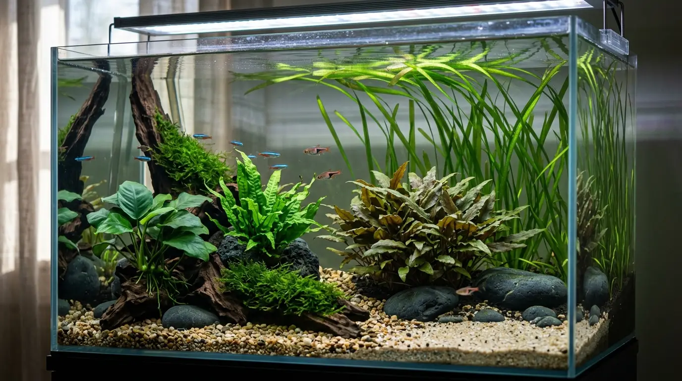 Anubias, Java fern, Java moss, Cryptocoryne wendtii, and Vallisneria growing together in a low-maintenance freshwater aquarium.
