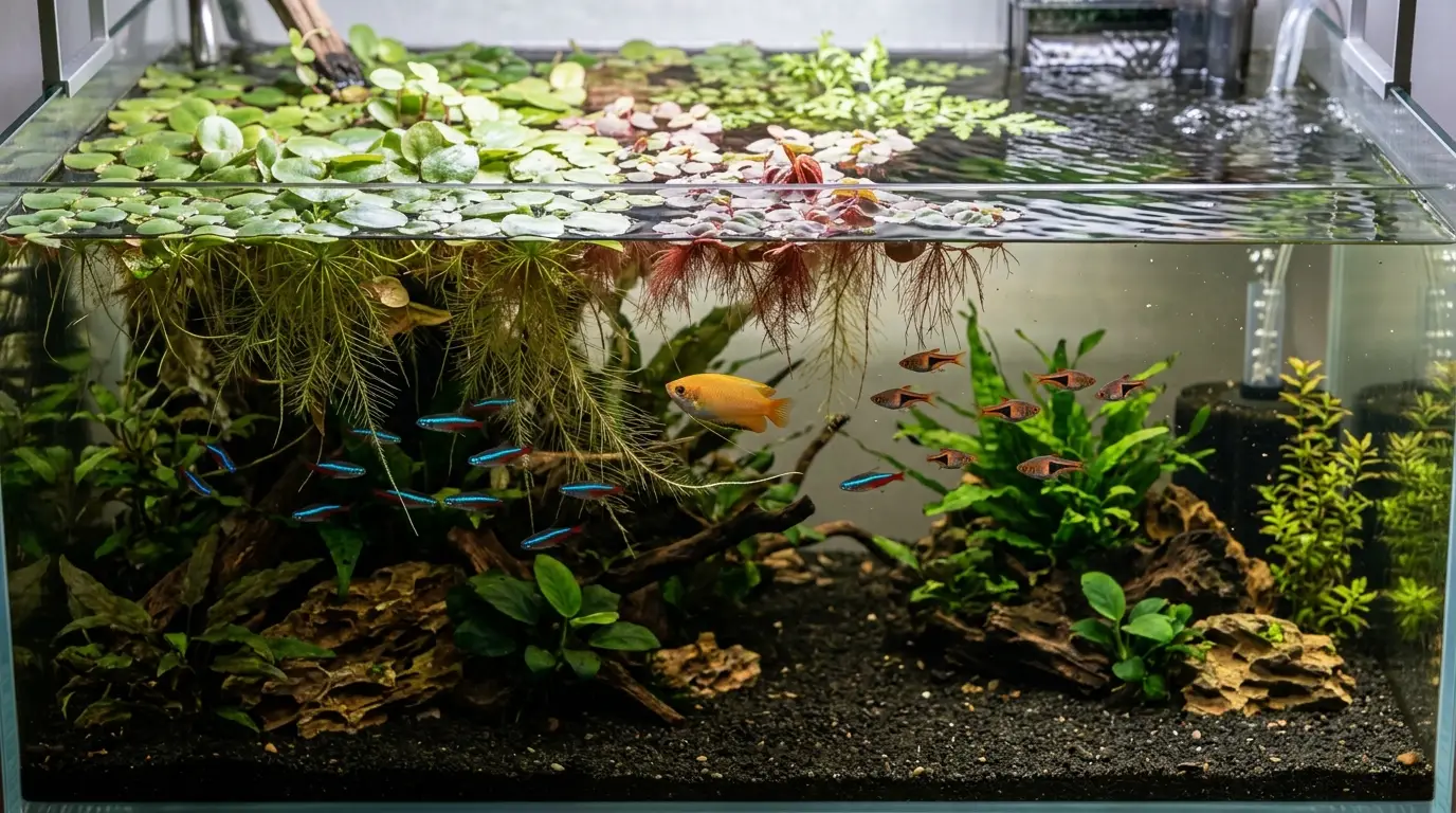 A planted community aquarium where floating plants create natural shade and shelter for fish beneath the water surface.