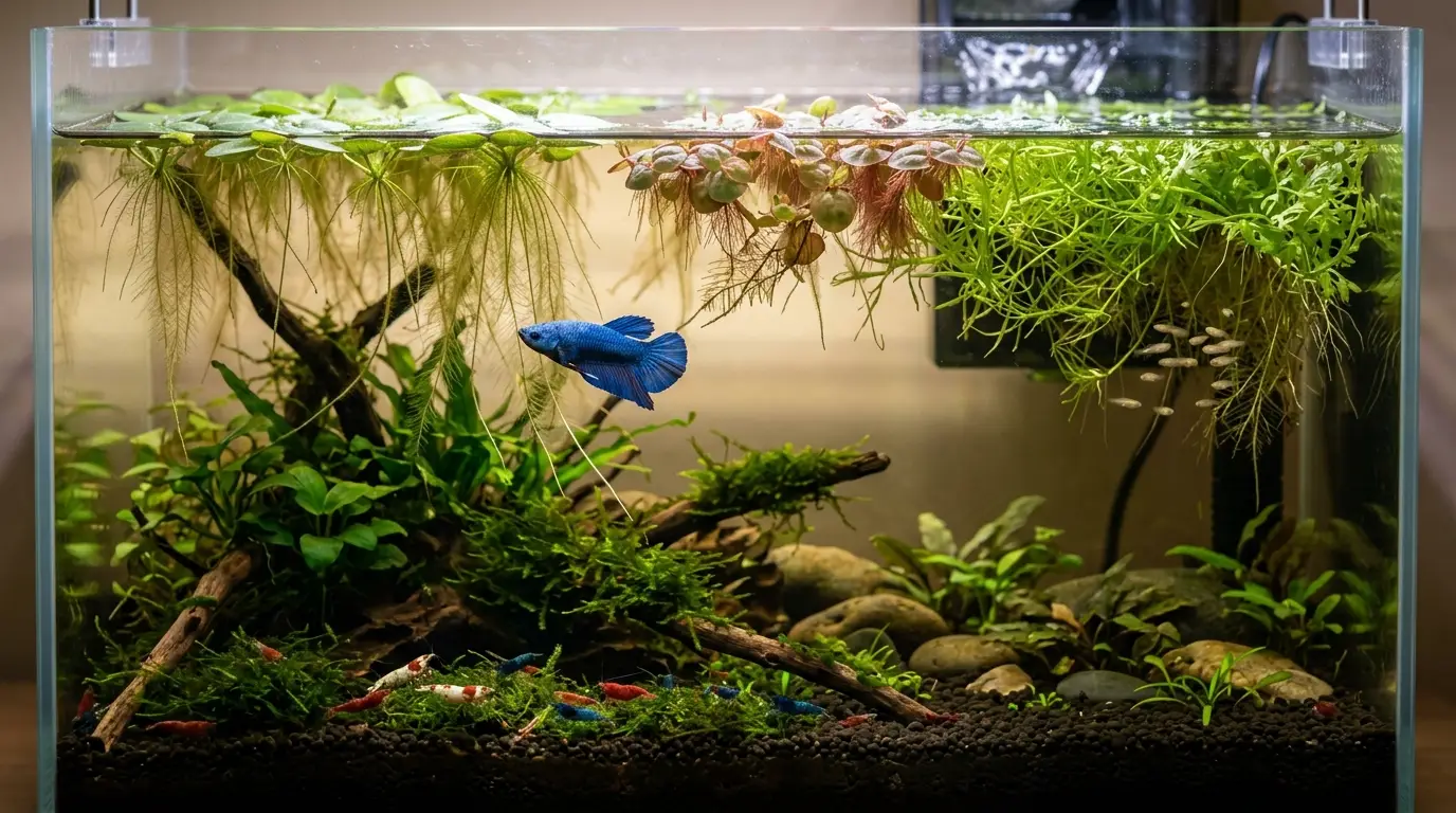 A densely planted freshwater aquarium with floating plants providing shelter and natural cover for a betta, shrimp, and young fish.
