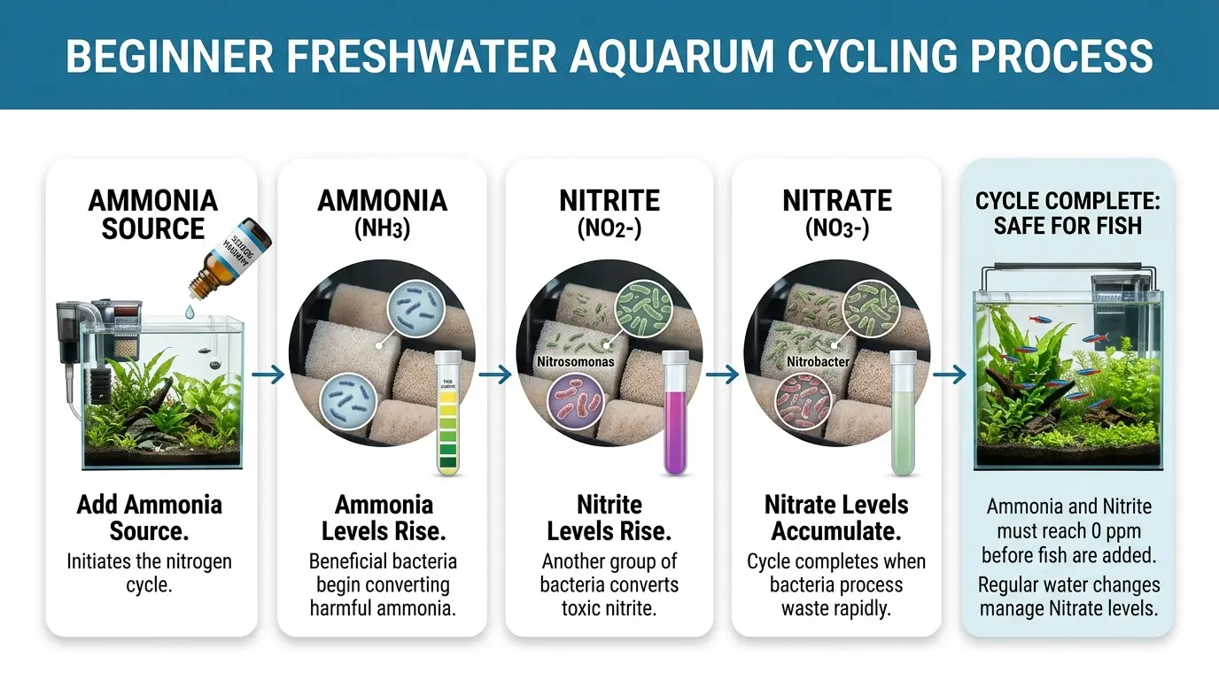 Freshwater aquarium cycling setup with beneficial bacteria, filter media, ammonia source, and water testing equipment