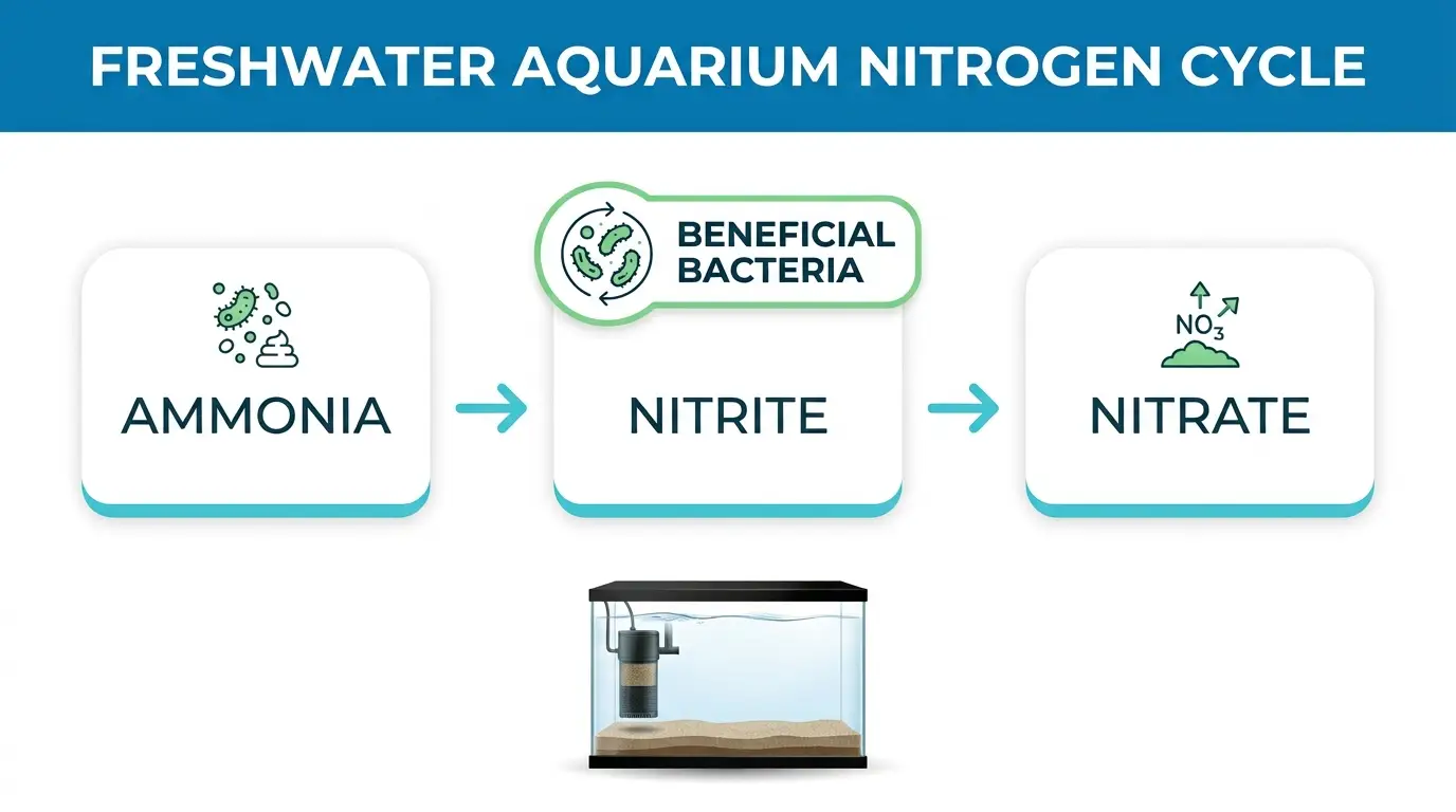 Freshwater aquarium cycling process represented by a realistic aquarium with biological filtration and water testing equipment.