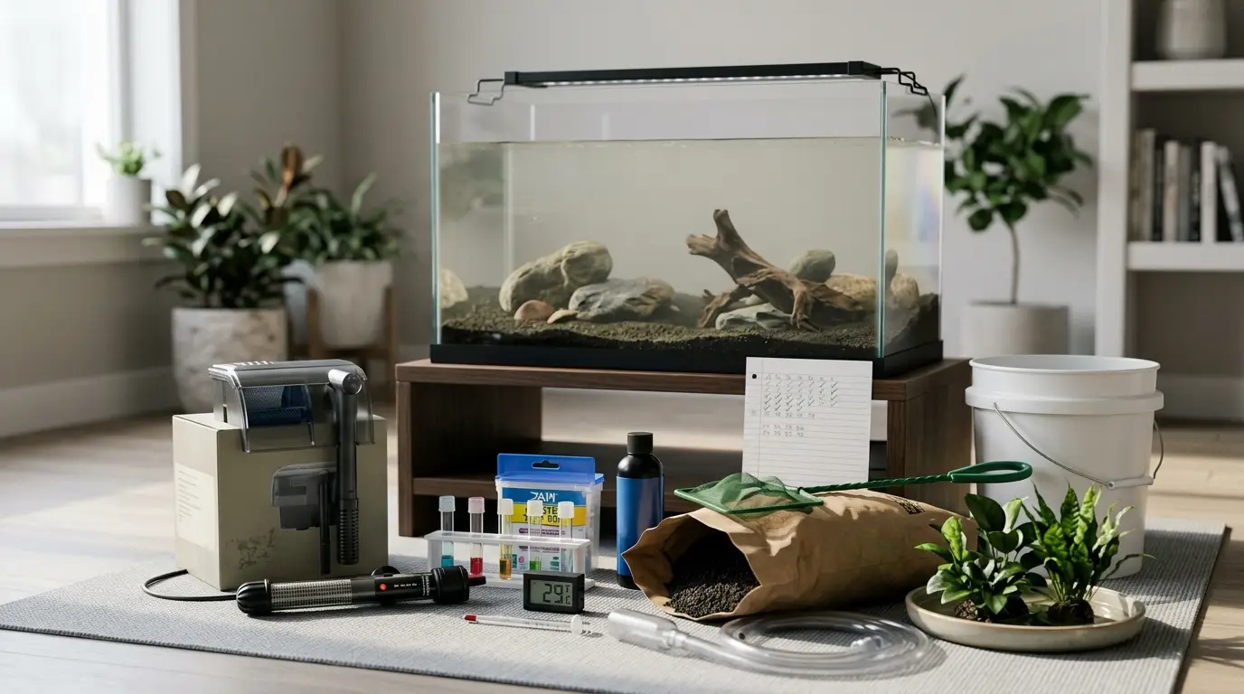 Beginner freshwater aquarium setup with equipment staged to represent the initial setup budget and gradual cycling timeline.