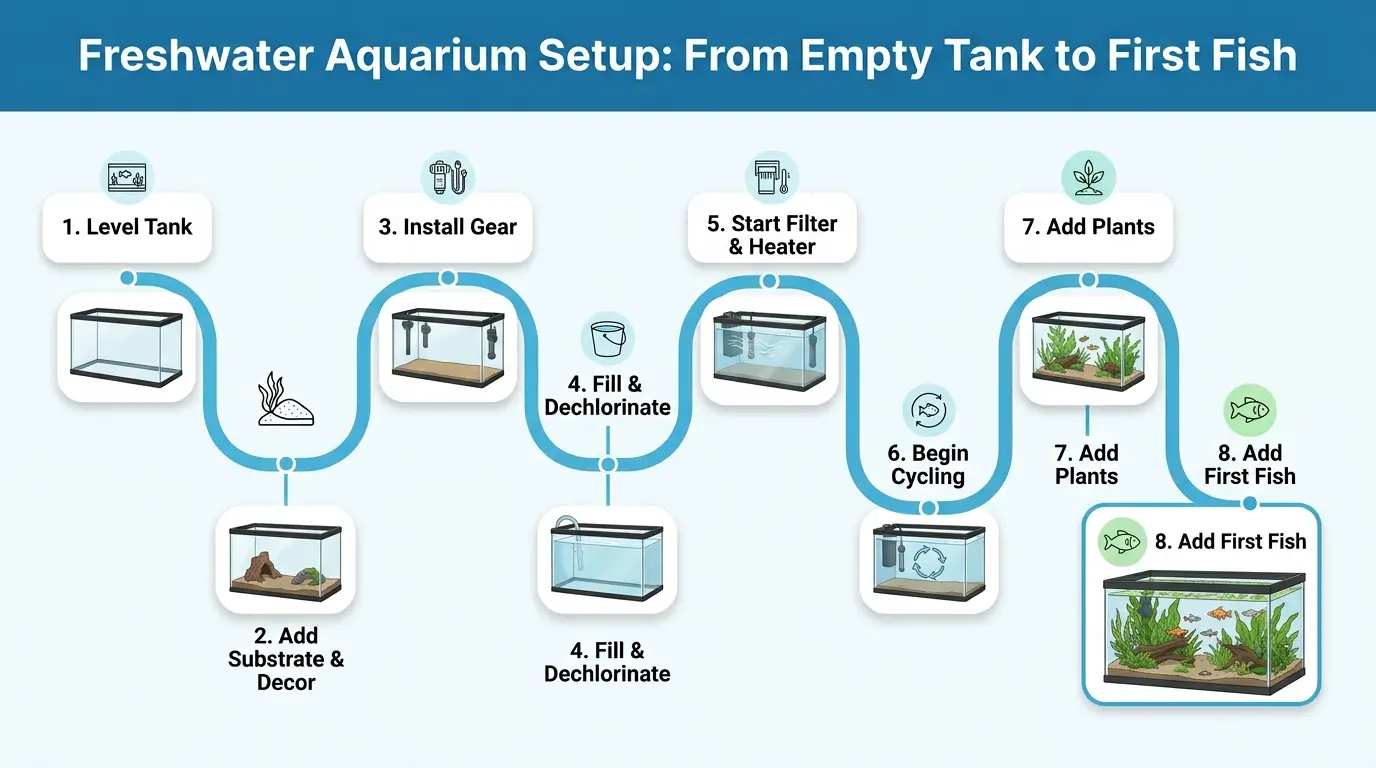 Freshwater aquarium setup progression showing tank preparation, equipment installation, cycling, planting, and safe fish introduction.