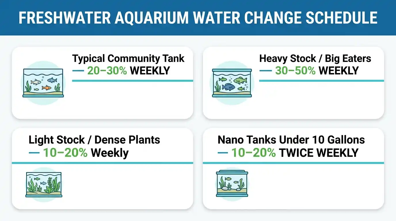 Aquarium water change schedule showing different maintenance frequencies based on stocking, plants, tank size, and livestock.