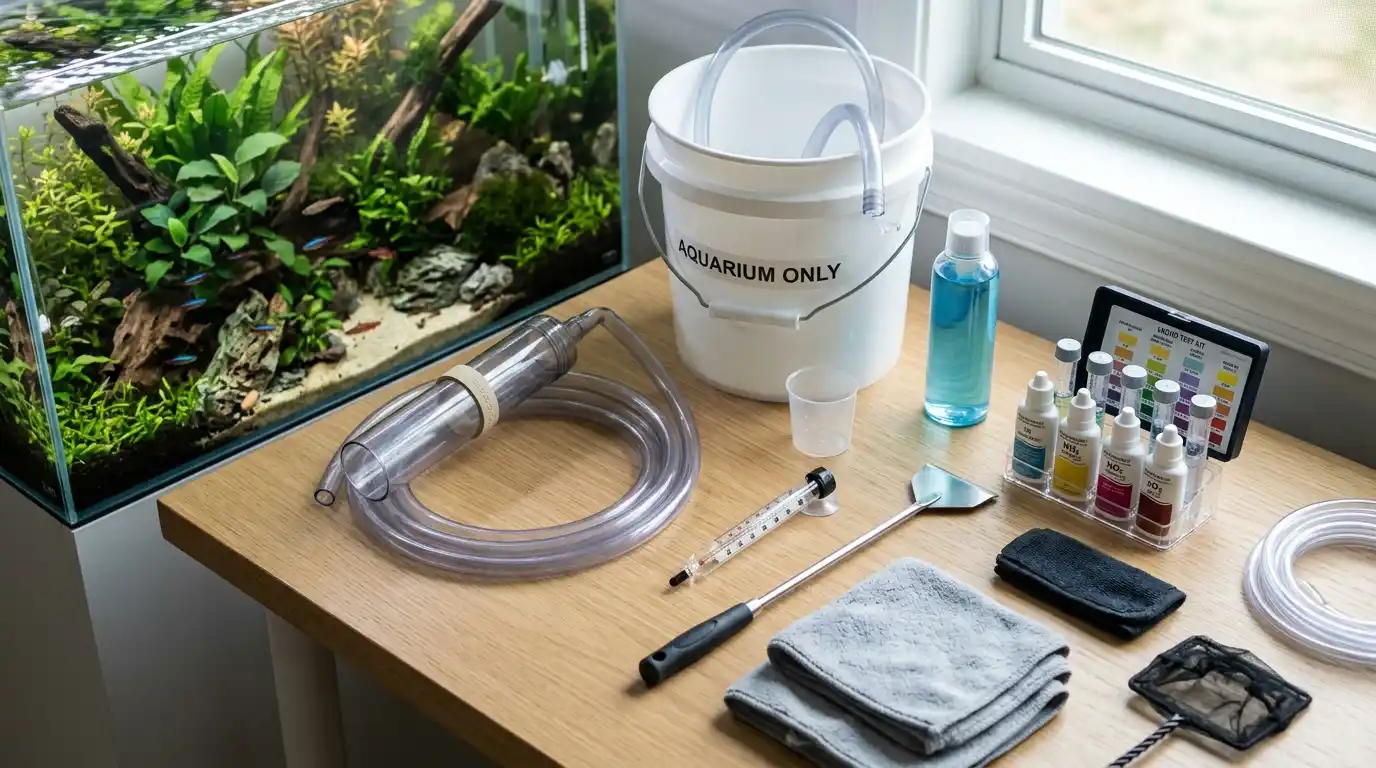Aquarium siphon, dedicated bucket, water conditioner, thermometer, test kit, algae scraper, and maintenance tools ready for a water change.