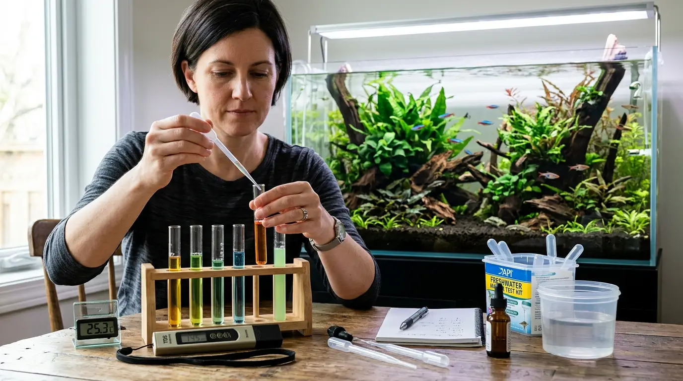 Aquarium water testing setup with liquid test tubes, thermometer, TDS meter, and aquarium beside healthy fish