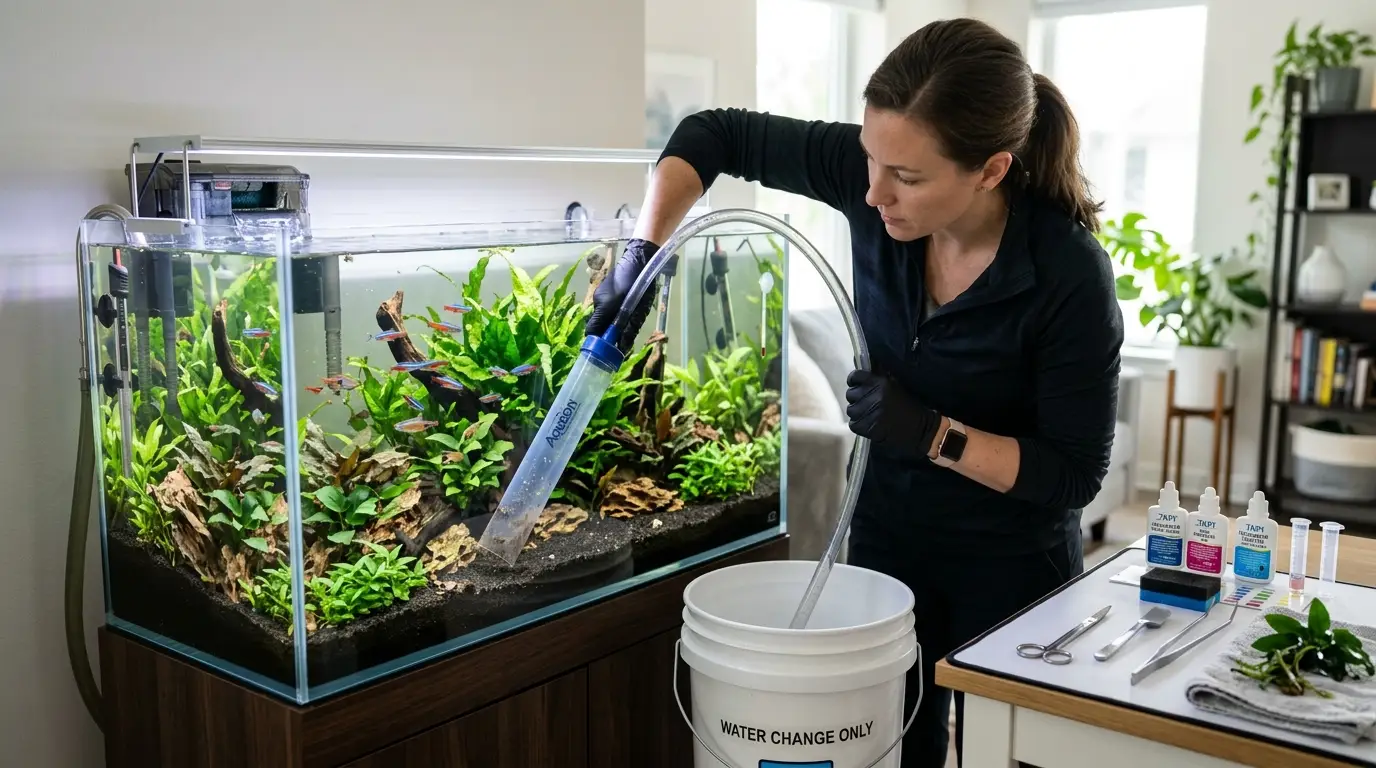Aquarist maintaining a freshwater aquarium by testing water, changing water, cleaning substrate, and trimming plants.