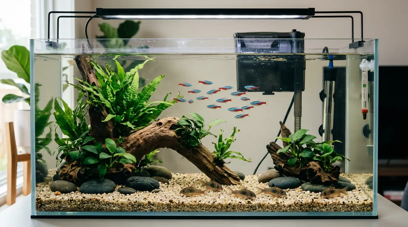 Healthy planted freshwater aquarium with tropical community fish, natural plants, driftwood and beginner-friendly equipment