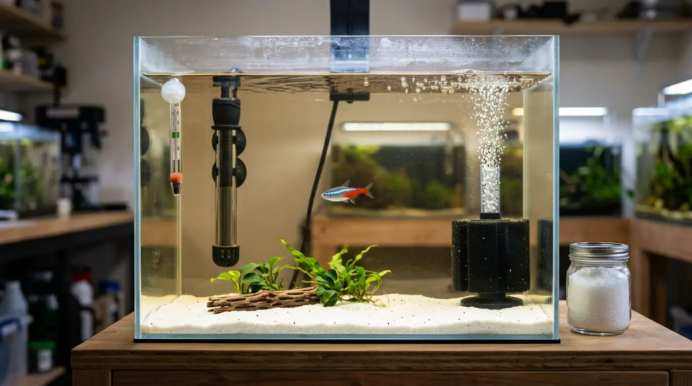 Freshwater aquarium undergoing careful ich treatment with increased aeration and aquarium salt