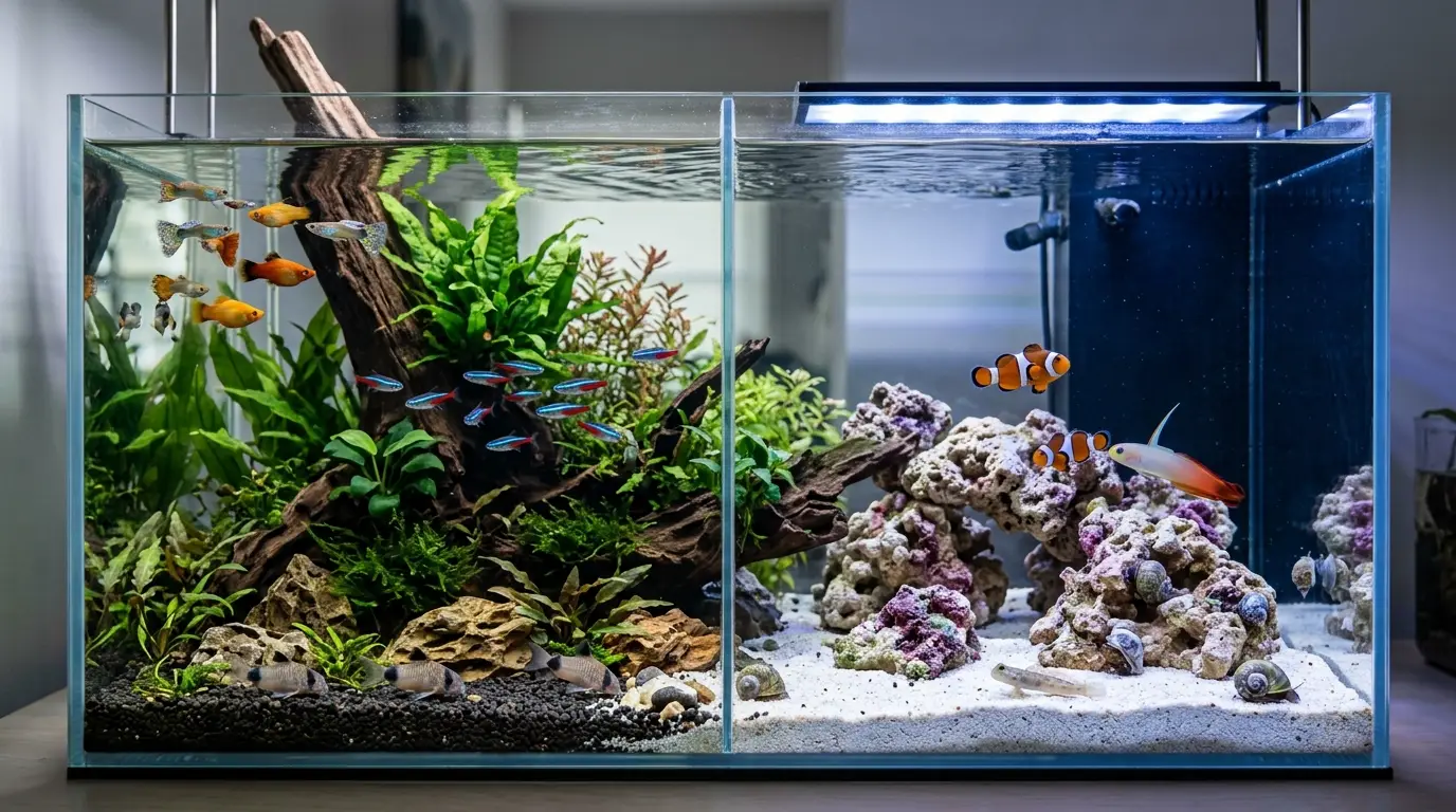 Beginner-friendly freshwater and saltwater aquarium fish and invertebrates in natural aquarium environments