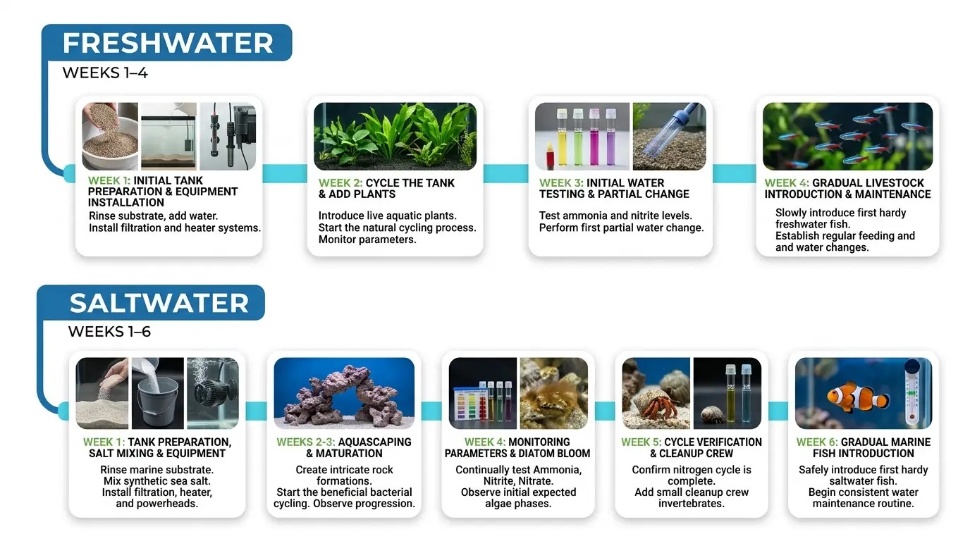 Beginner aquarium setup timeline showing cycling, testing, stocking and maintenance for freshwater and saltwater tanks
