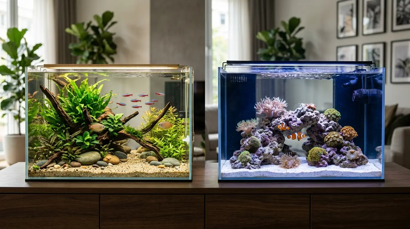 Comparison of a planted freshwater aquascape and marine rockscape with natural swimming zones and appropriate lighting
