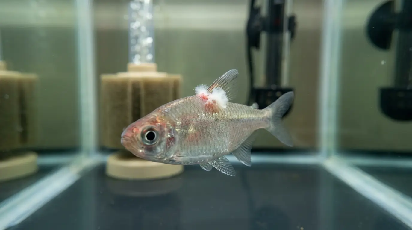 A freshwater fish with a localized cotton-like growth being examined in a quarantine aquarium to distinguish fungal infection from bacterial disease.